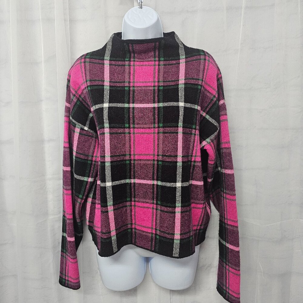 Nicole Miller Sweater Plaid Pink Black Mock Neck Preppy L